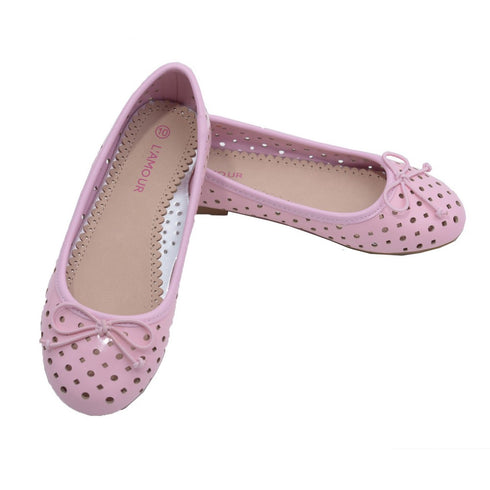 L'Amour Little Big Kids Girls Pink Perforated Bow Ballet Flats 11-4 Kids - SophiasStyle.com